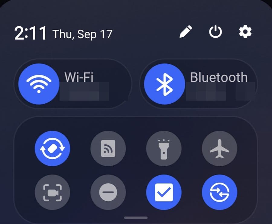 Android Quick Settings with the Check Yeah check-box tile lit up in the second row.